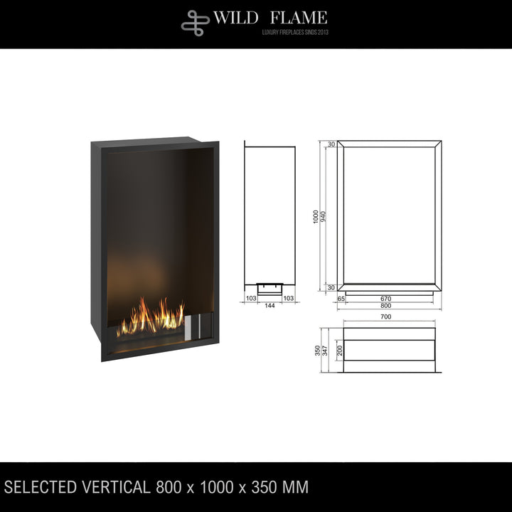 Technische Zeichnung für Bioethanol Einbau Kamin Ofen SELECTED Vertikal 80x100x35cm von Wild Flame