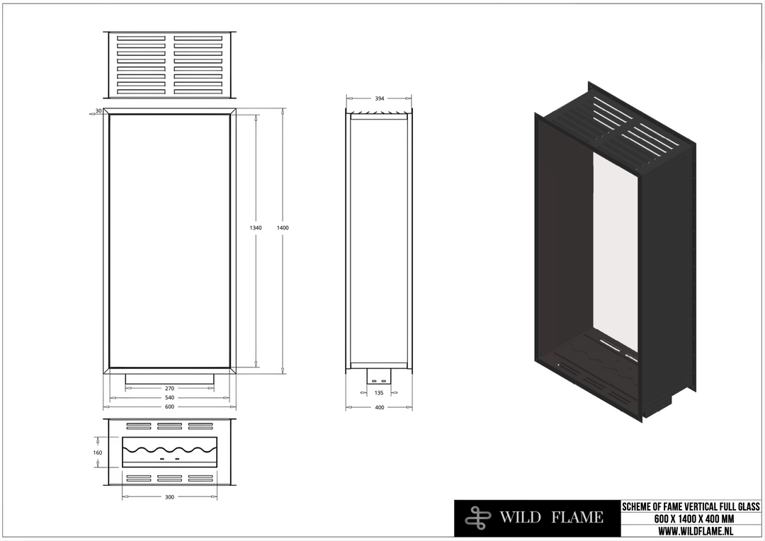 Technische Zeichnung für Bioethanol Einbau Kamin Zweiseitig und Vertikal für Raumteiler mit Vollverglasung Vollglas FAME 60x140cm von Wild Flame
